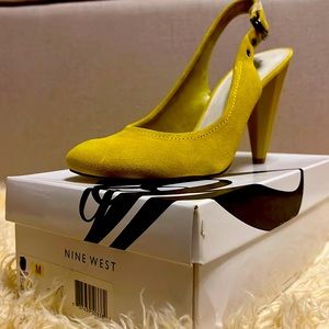 New, never worn Nine West yellow suede sling backs